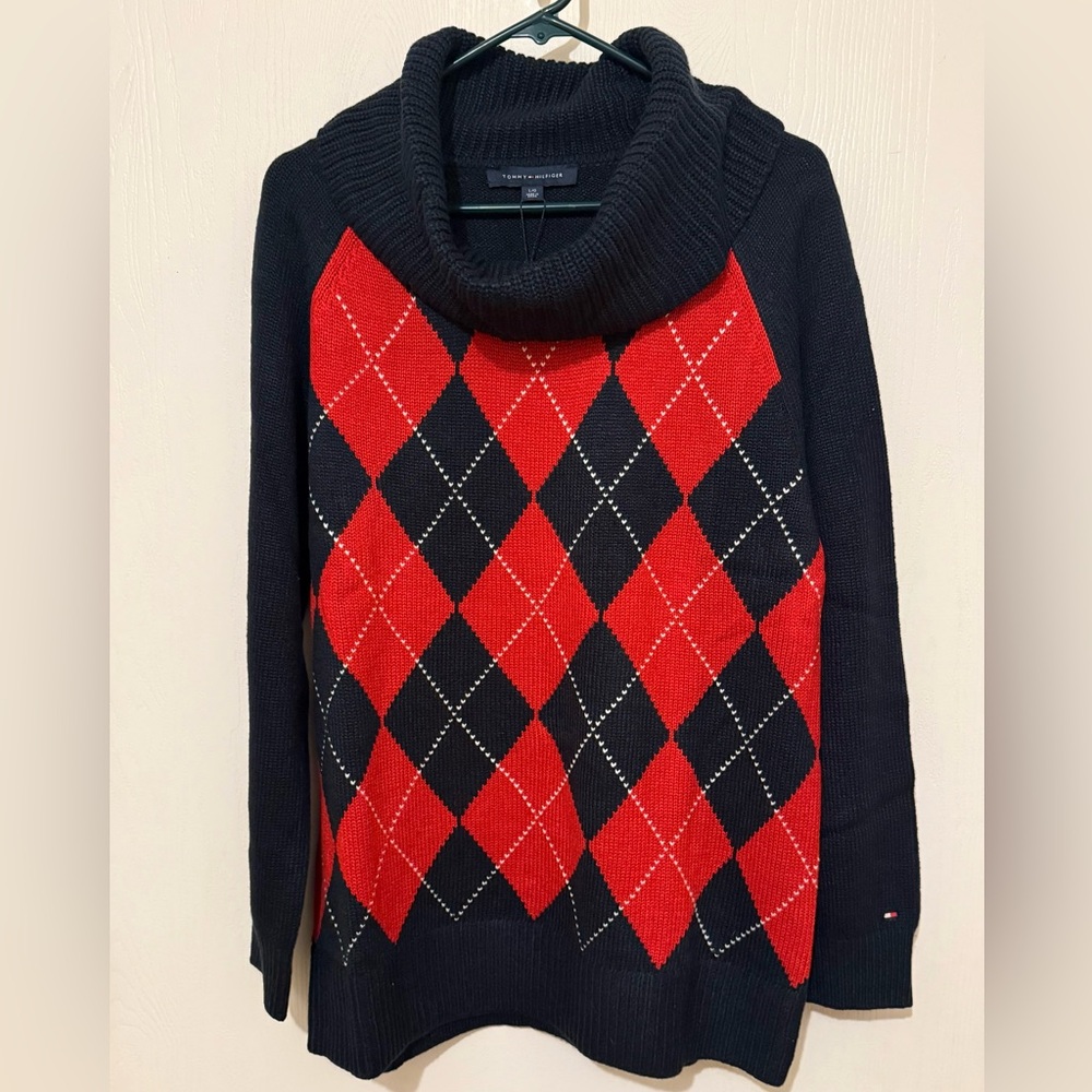 Tommy Hilfiger Women’s Black & Red Argyle Cowl Neck Sweater